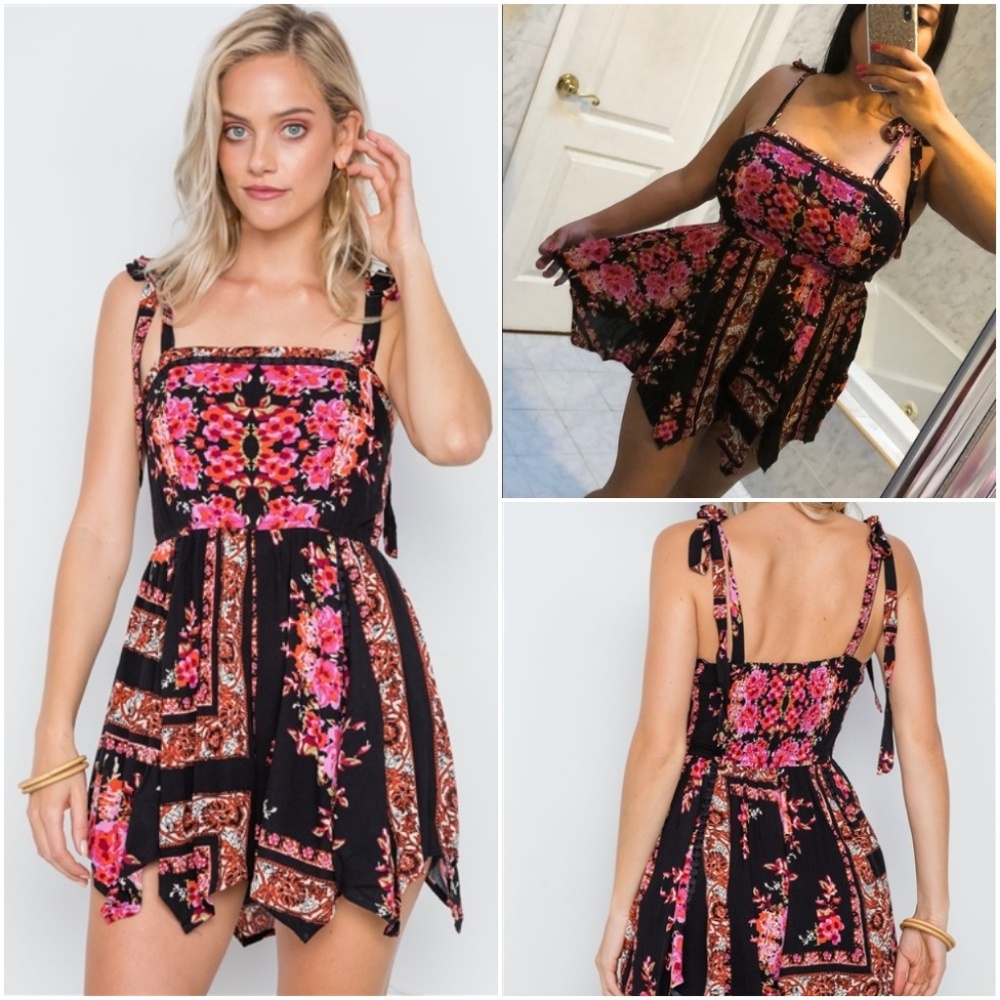 BLACK SMOCKED SHOULDER TIE ROMPER - Picture 1 of 7